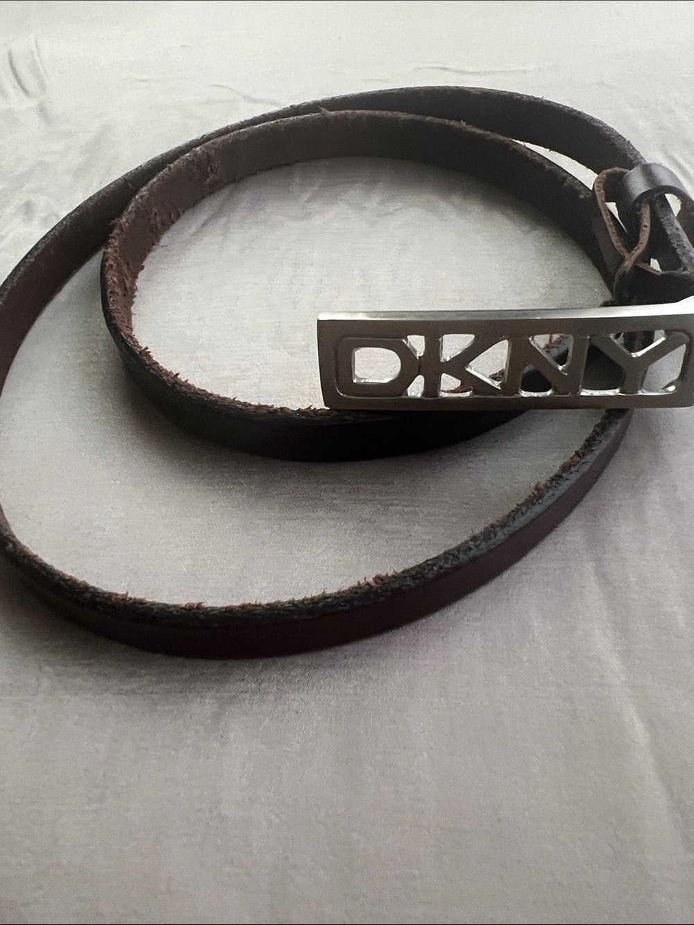 Vintage Genuine DKNY Dark Brown Skinny Leather Belt with Silver Logo Buckle
